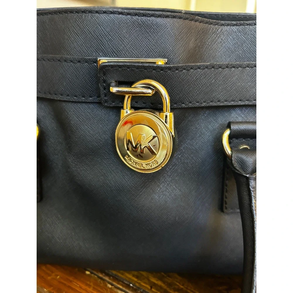Michael Kors Hamilton Satchel Black Saffiano Leather Gold Padlock Handbag Bag